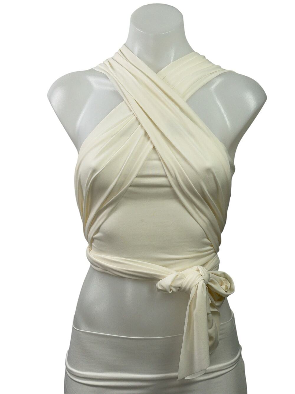 Eros Beige Strappy Cross Over Halter Neck Sleeveless Cropped Wrap Blouse Top XS